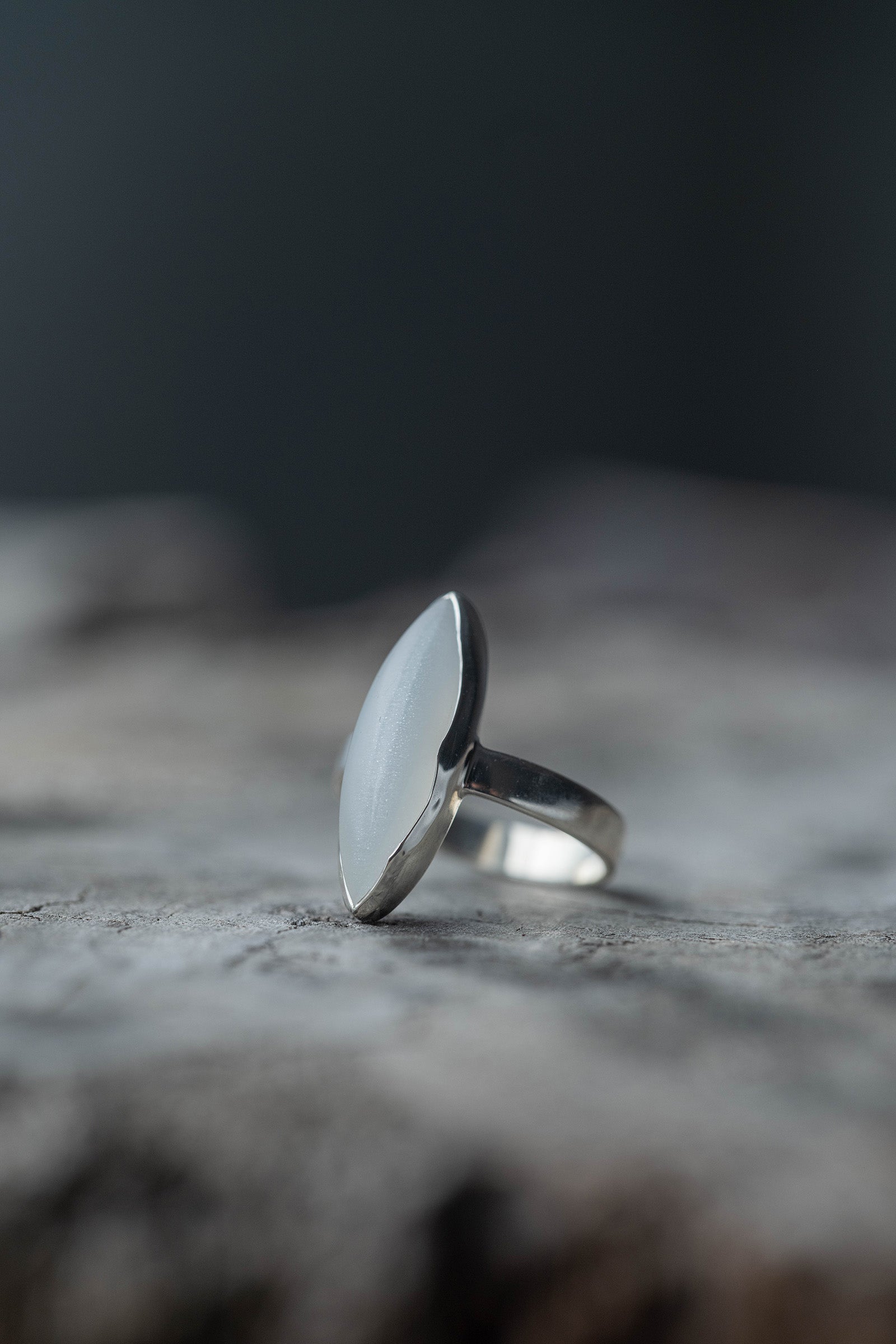 silver ring 3mm flat band moonstone marquise