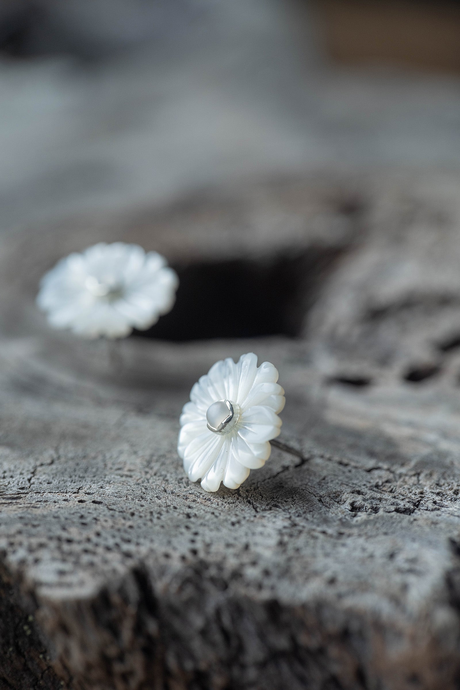 silver earrings pair moonstone + daisy flower pearl big