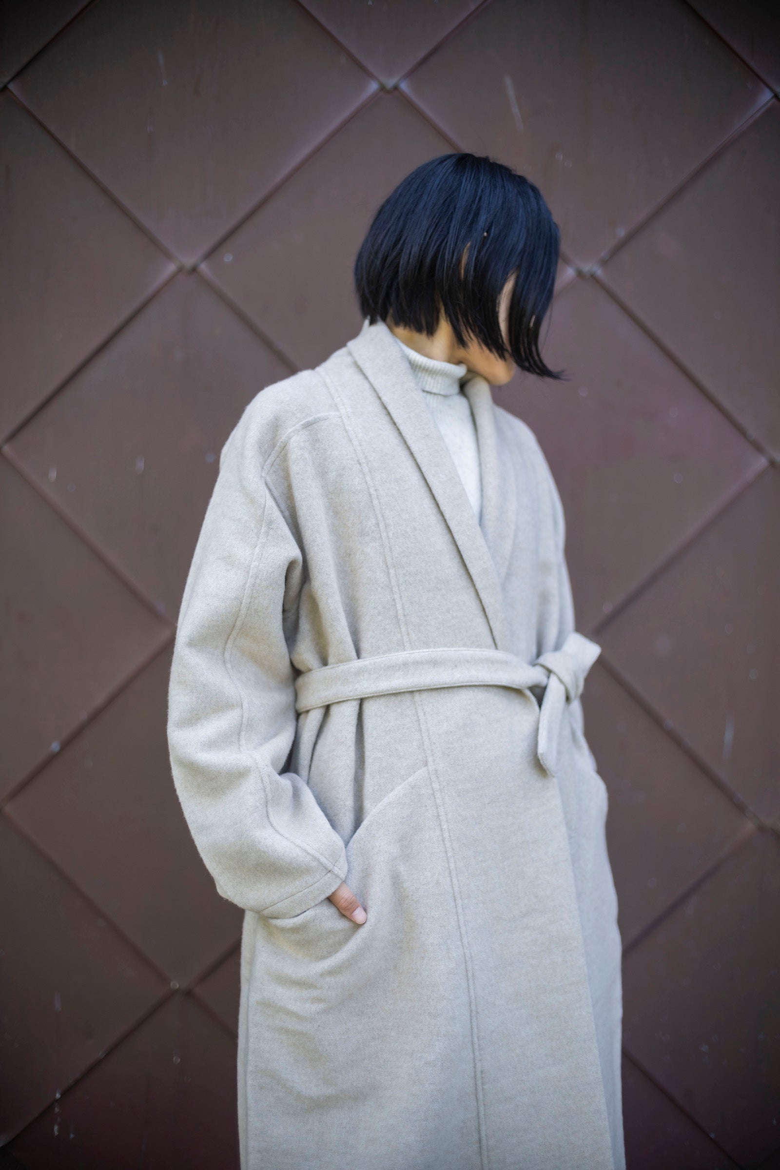 MITTAN CT-44 ウールシルクキャメル半纏ロングコート(紐付き)