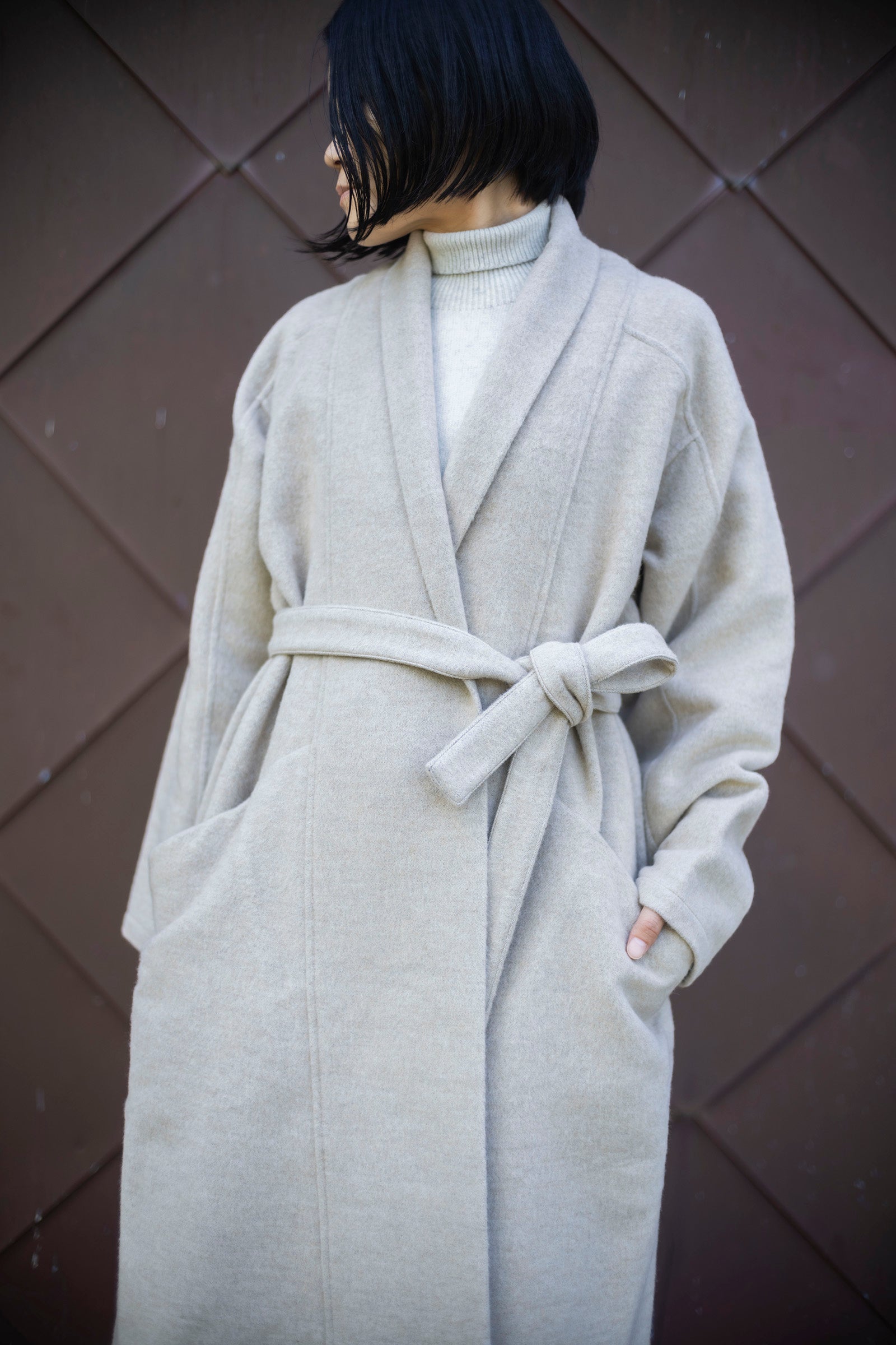 MITTAN CT-44 ウールシルクキャメル半纏ロングコート(紐付き)