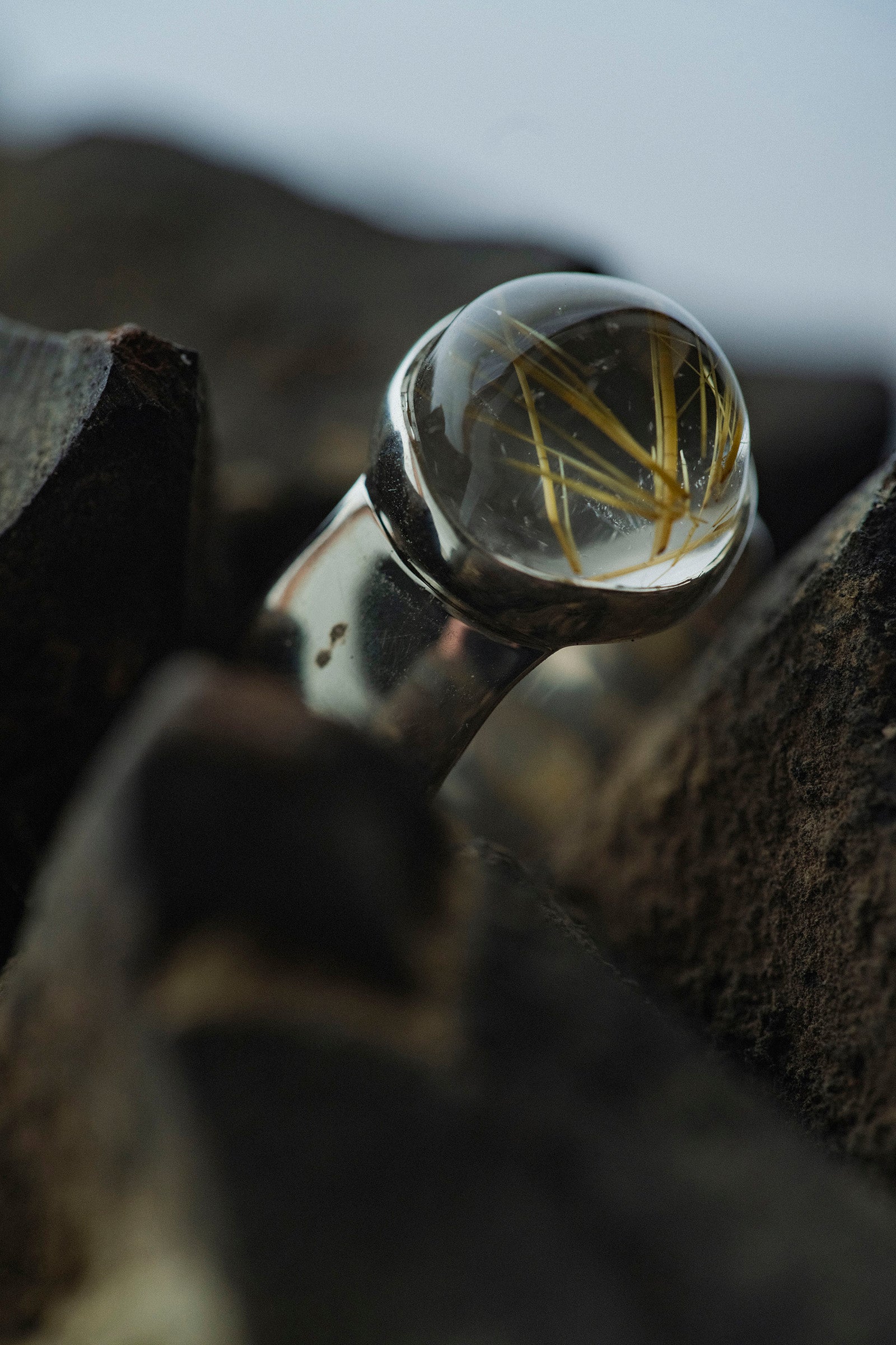 silver ring  10mm flat band   rutile quartz