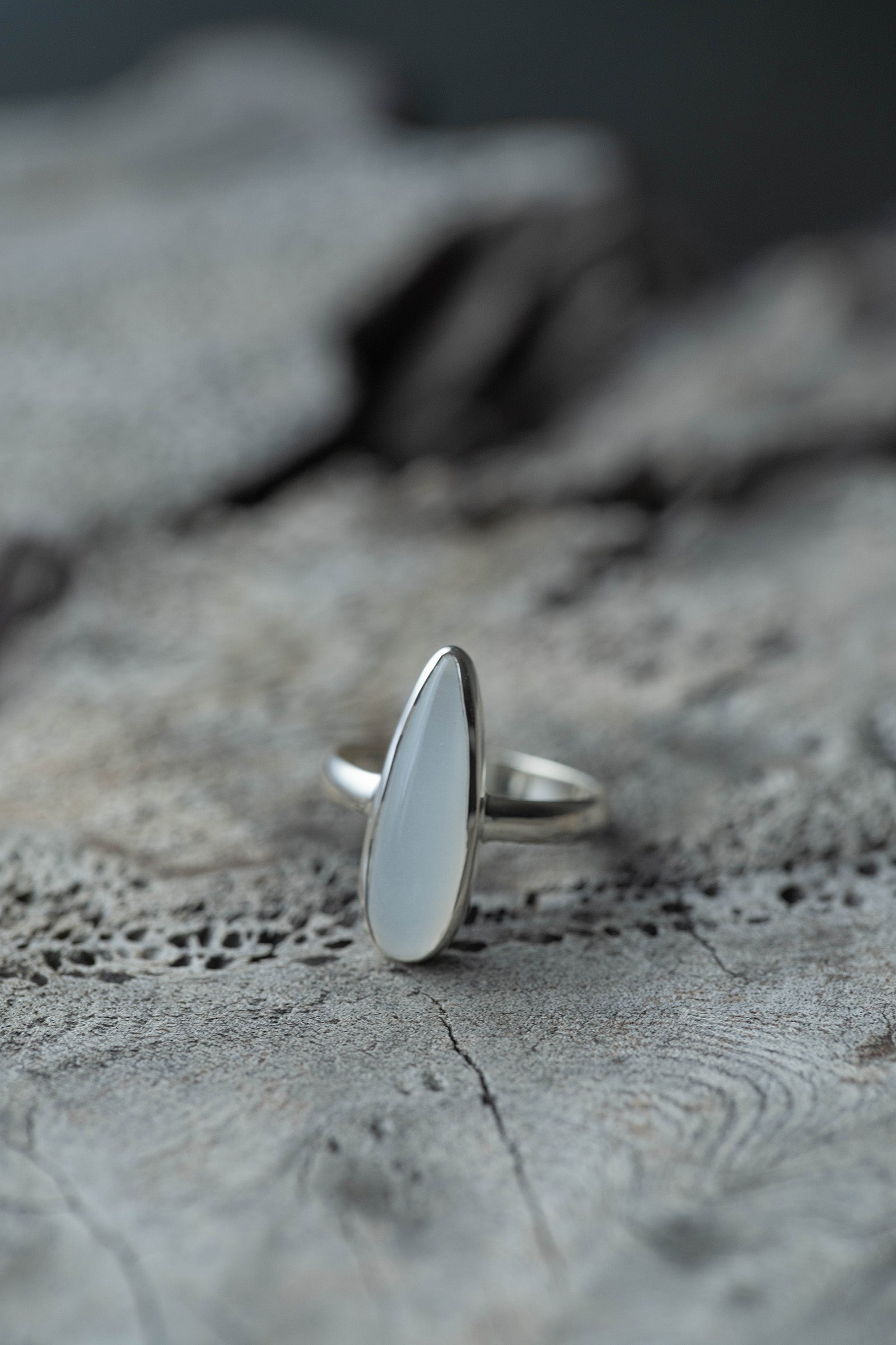silver ring  3mm flat band  moonstone  drop