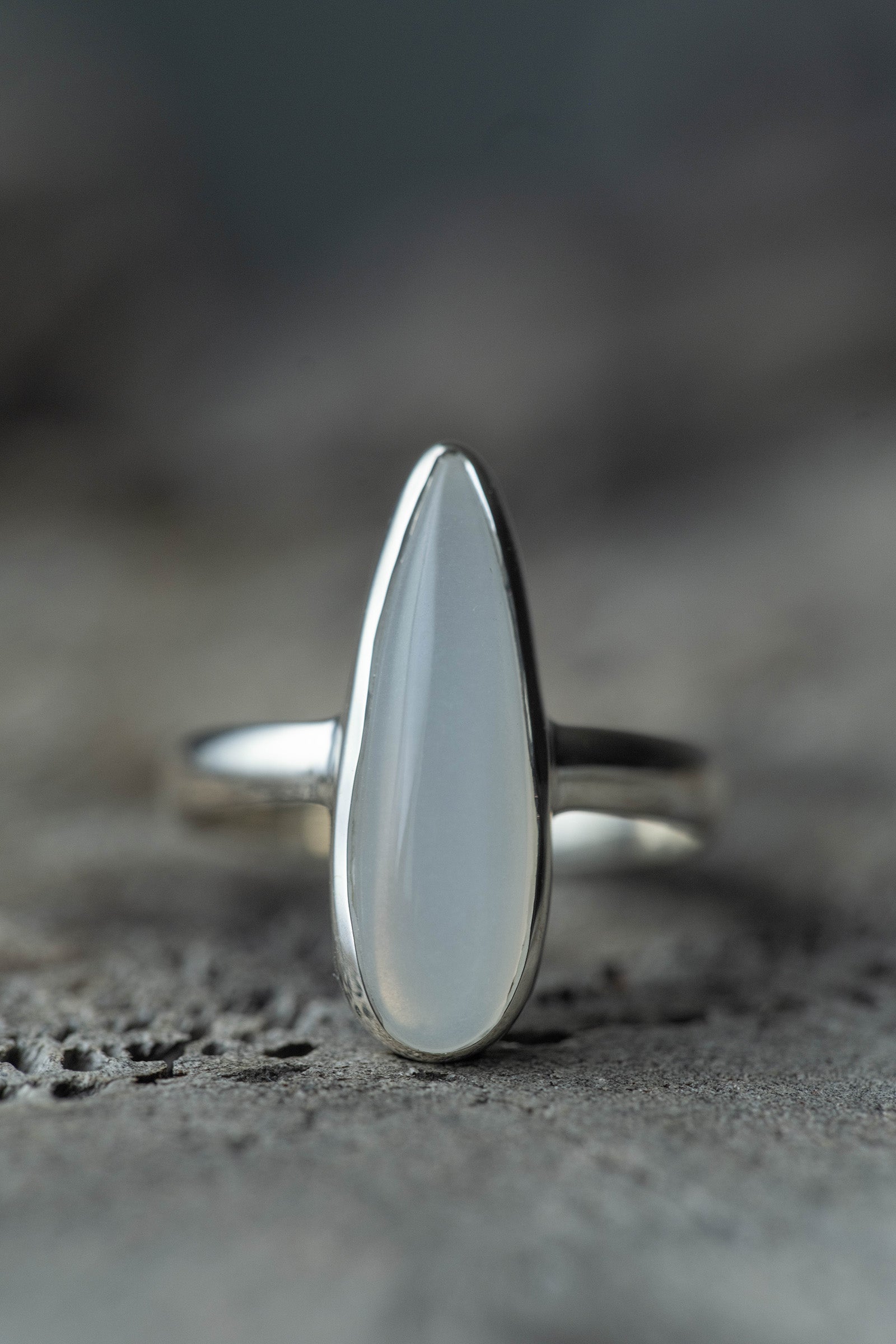silver ring  3mm flat band  moonstone  drop