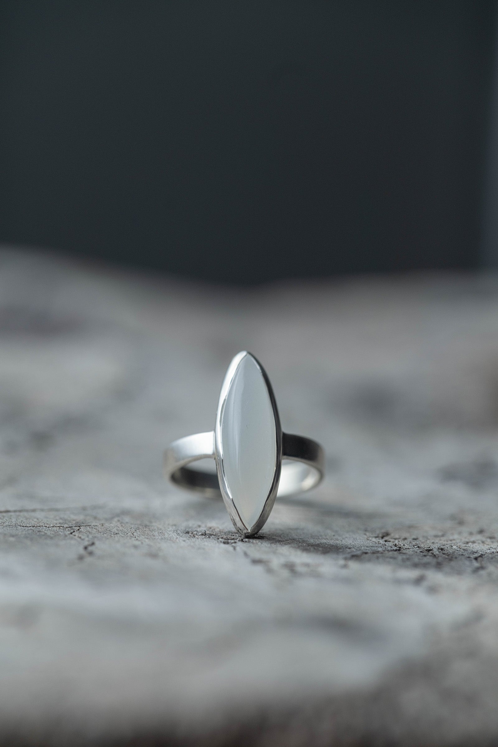 silver ring  3mm flat band  moonstone marquise