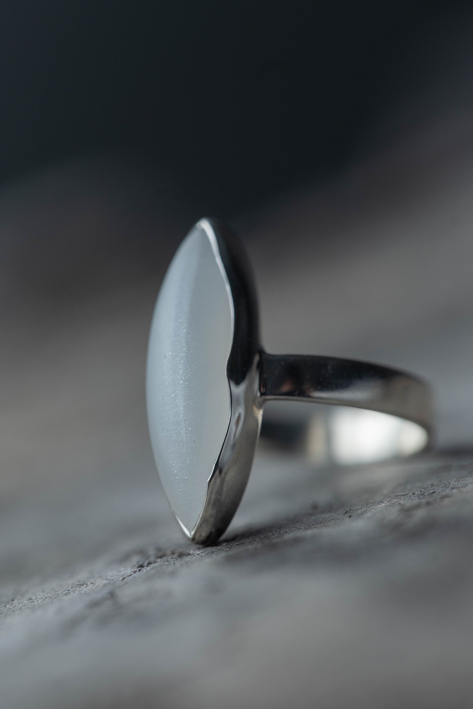 silver ring  3mm flat band  moonstone marquise