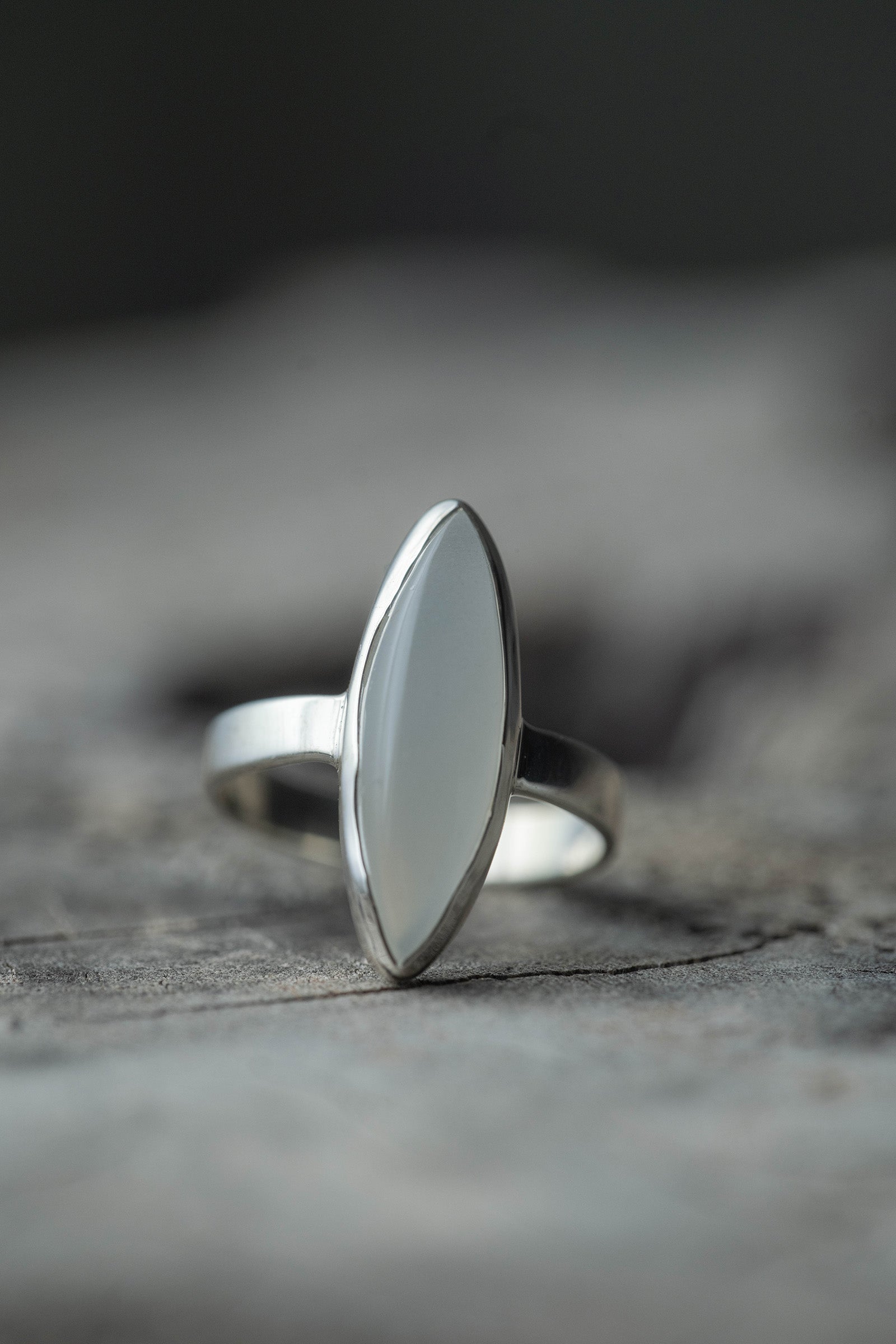 silver ring  3mm flat band  moonstone marquise