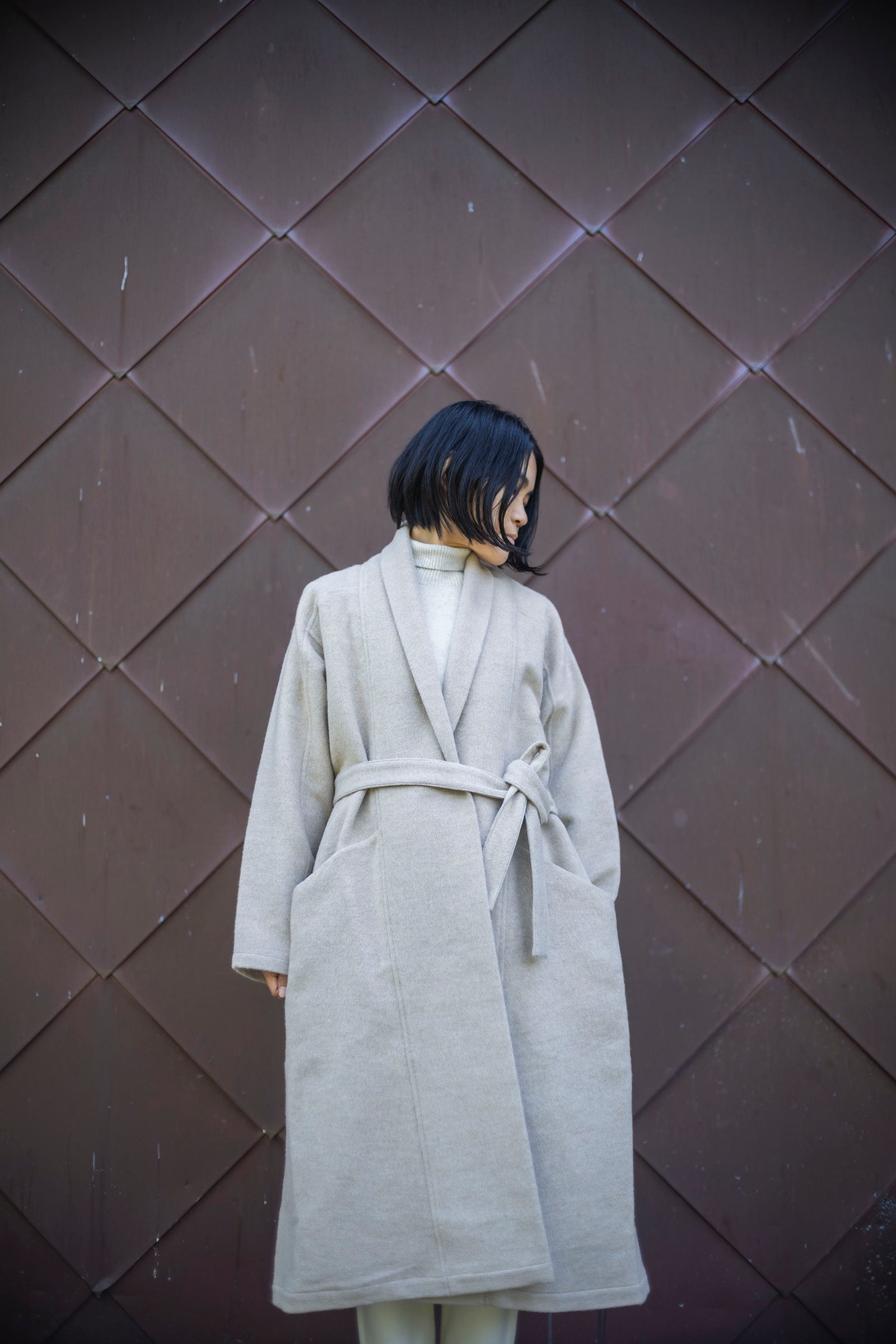 MITTAN CT-44 ウールシルクキャメル半纏ロングコート（紐付き）