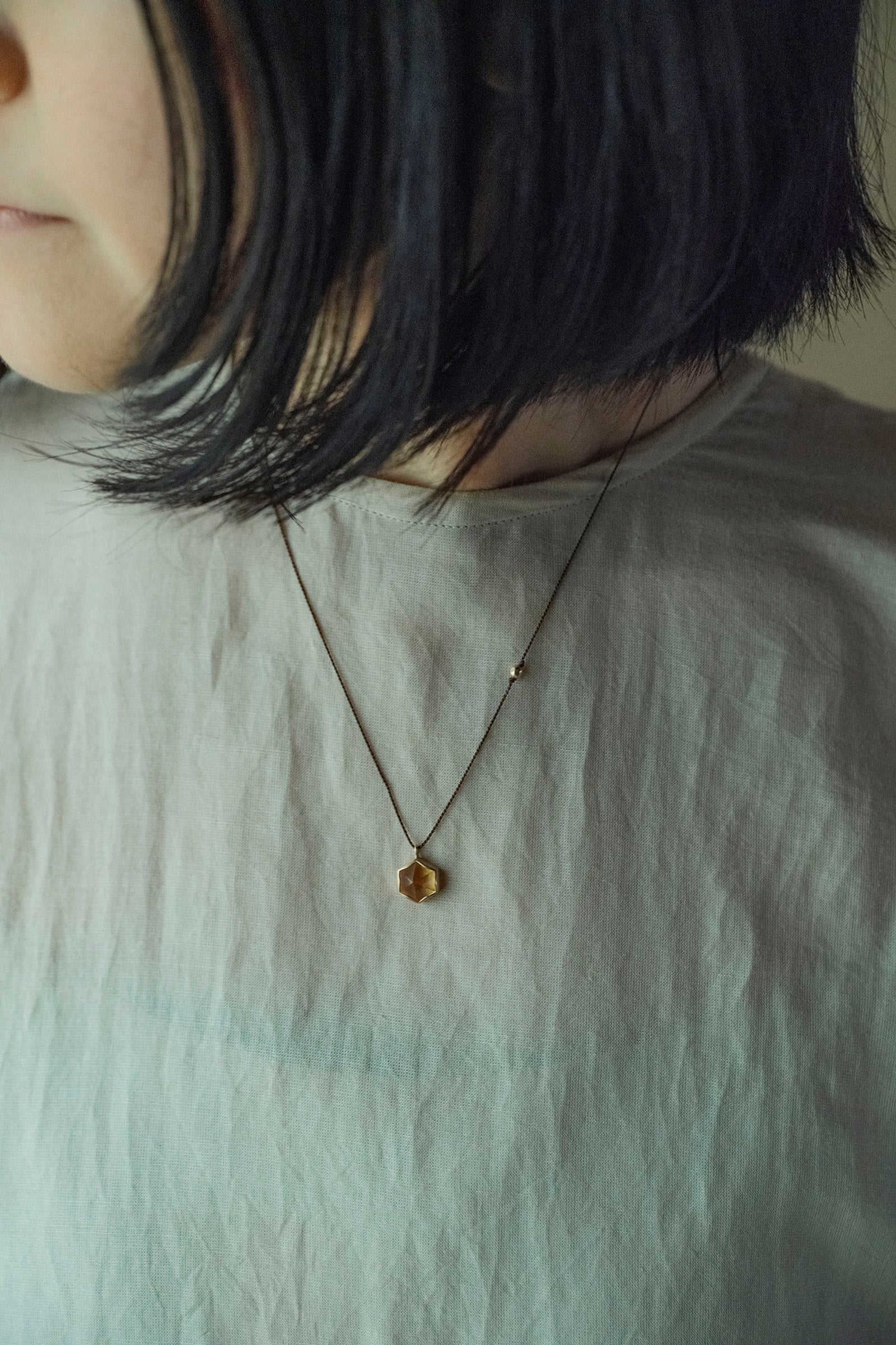 silk cord necklace  18K hexagon( citrine )